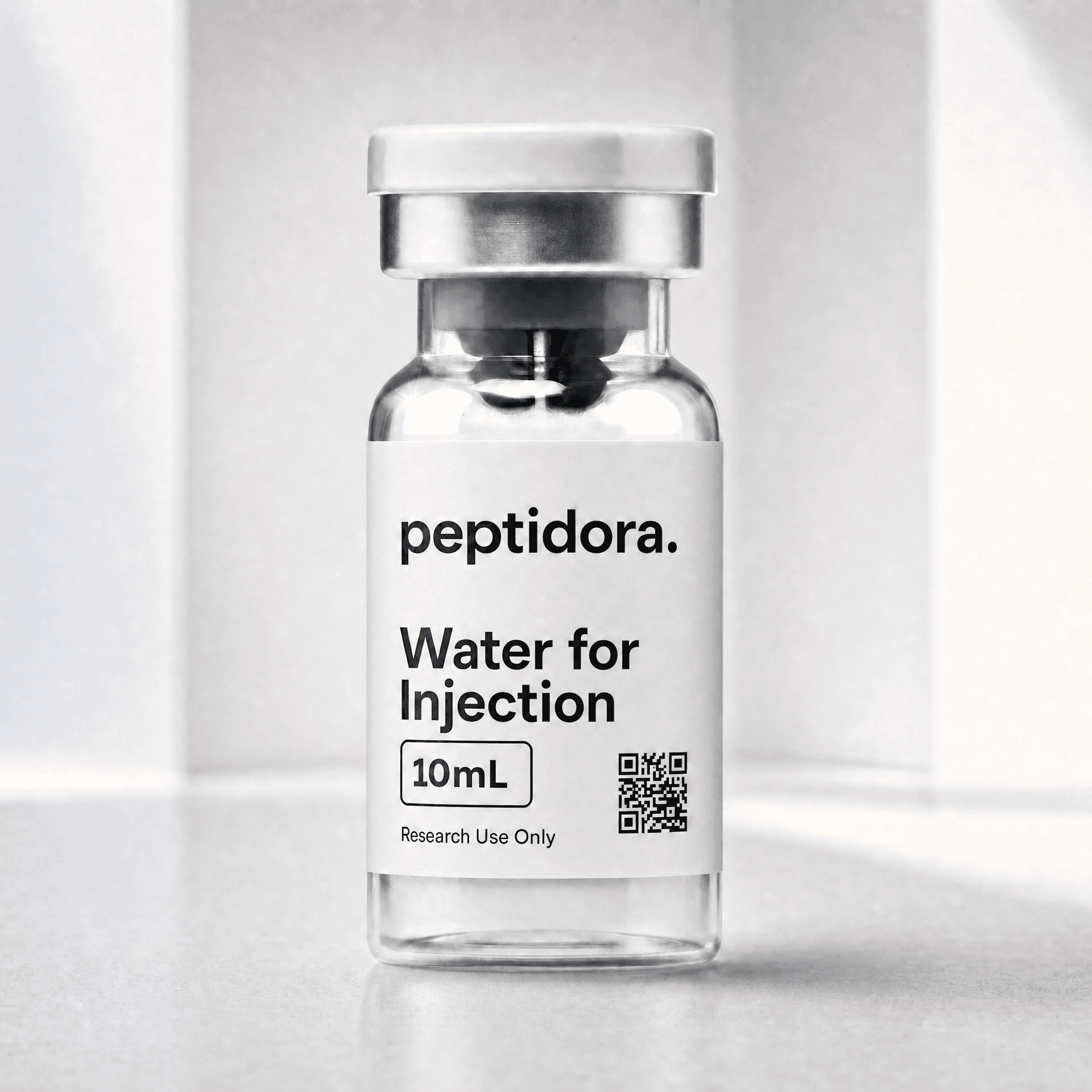Agua para inyección, 10 mL. Fotografía original del vial PEPTIDORA.
