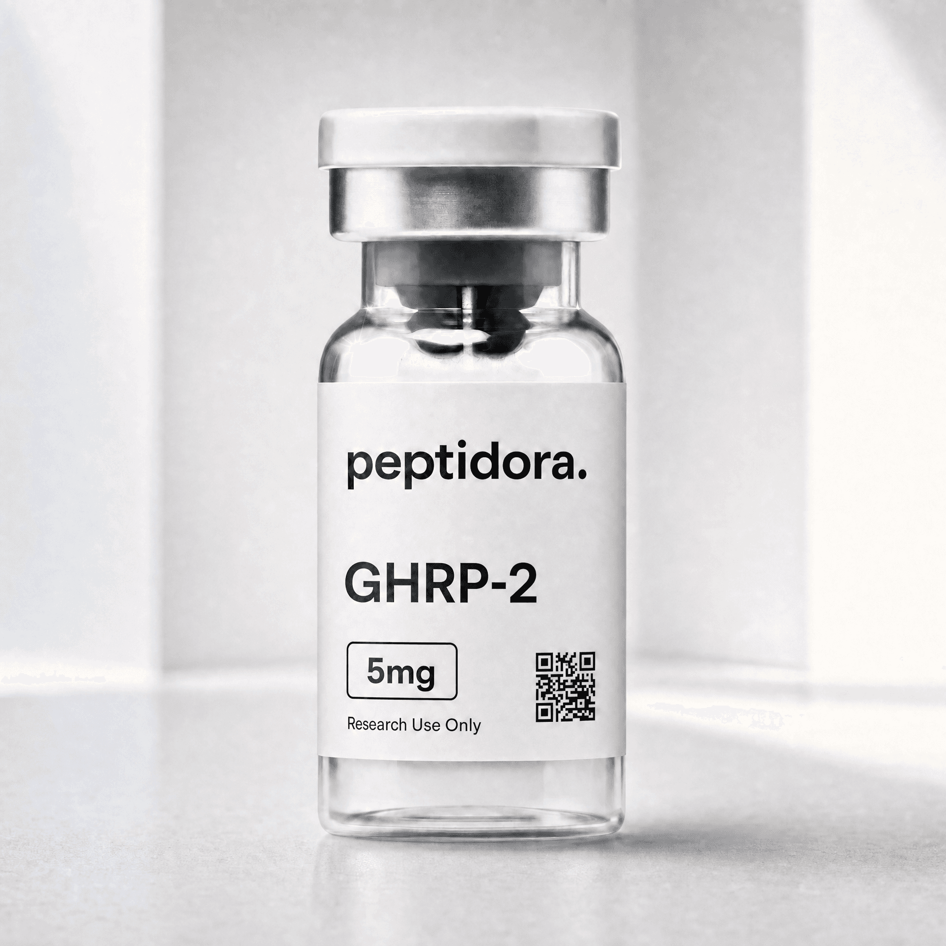 GHRP-2, 5 mg. Fotografía original del vial PEPTIDORA.