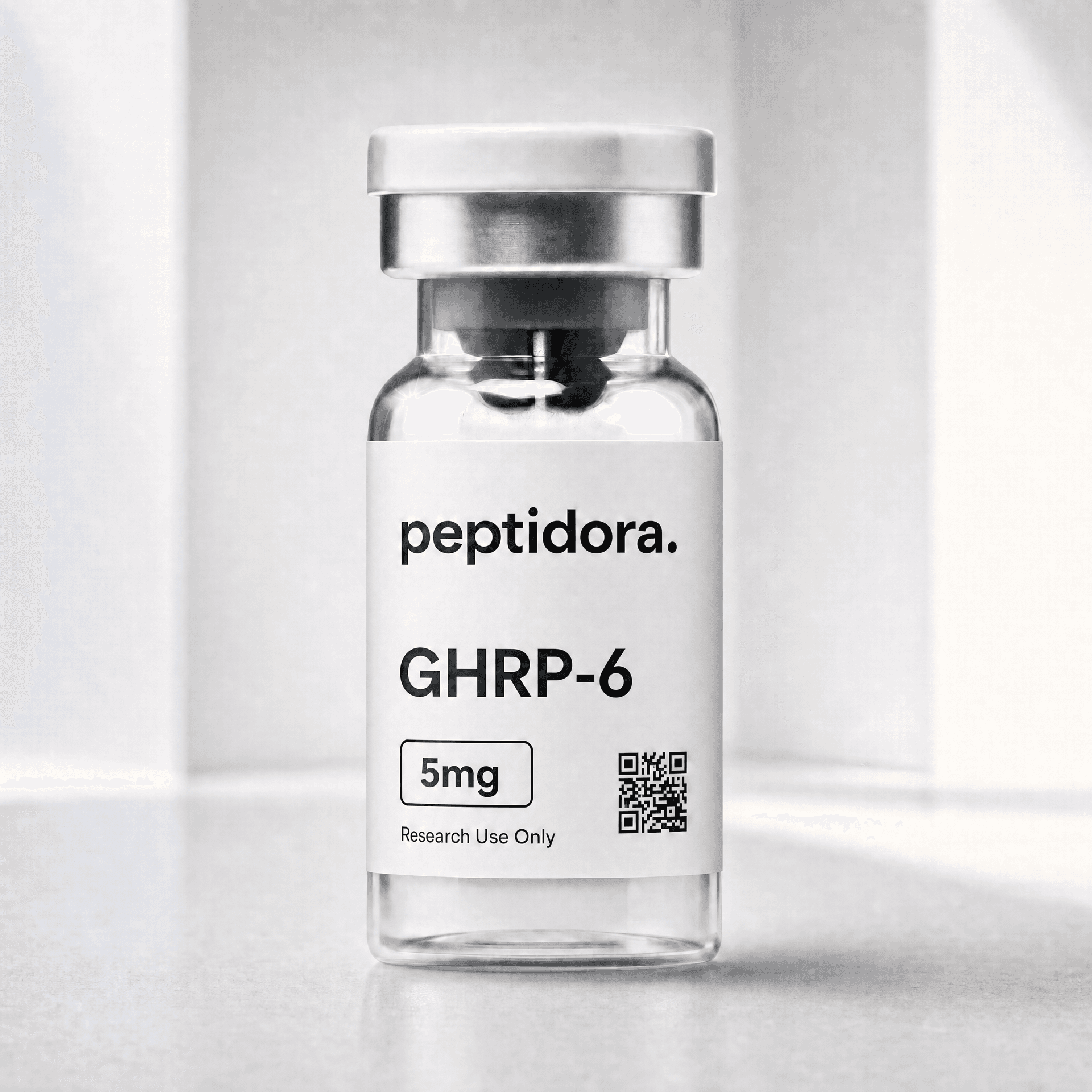 GHRP-6, 5 mg. Fotografía original del vial PEPTIDORA.