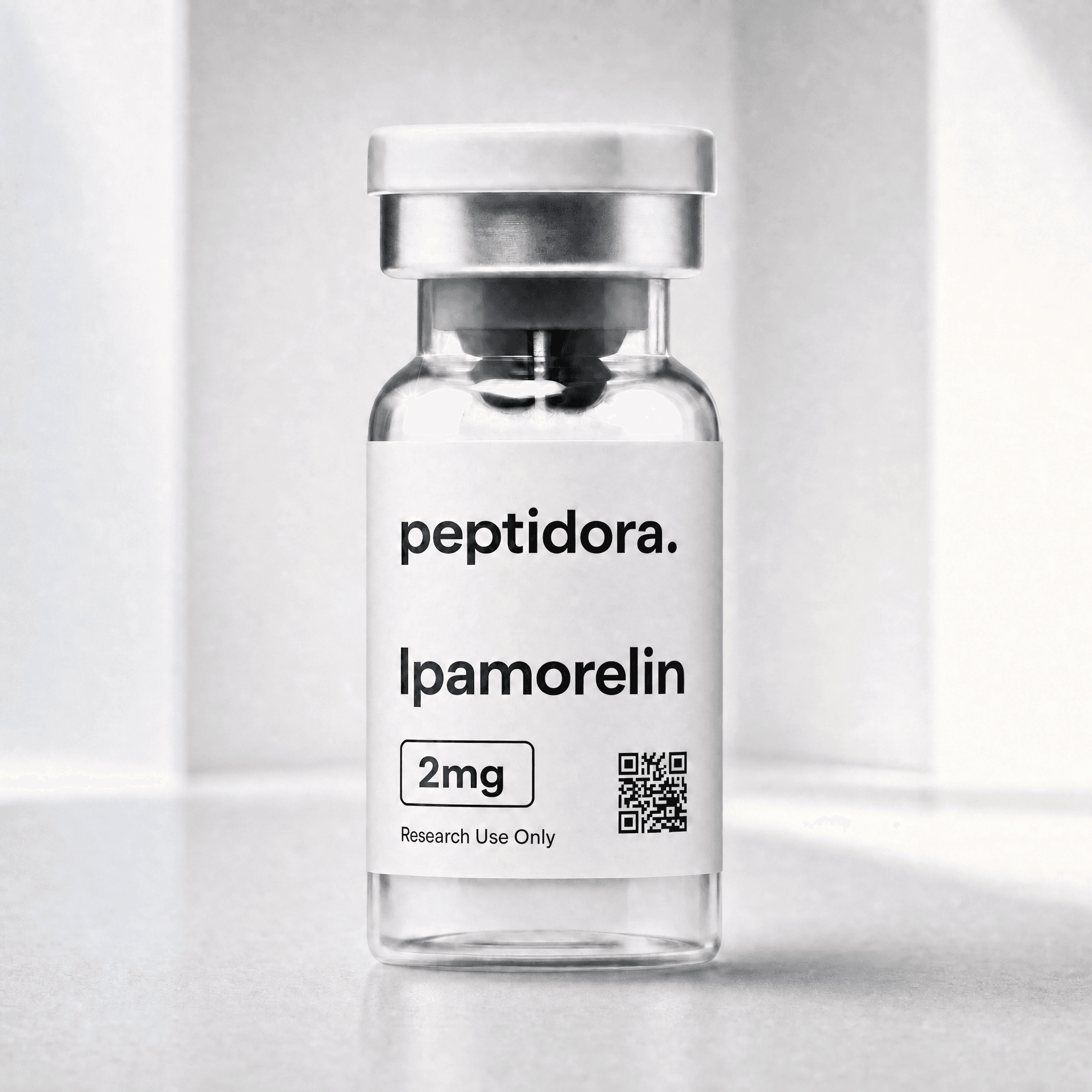 Ipamorelin, 2 mg. Fotografía original del vial PEPTIDORA.