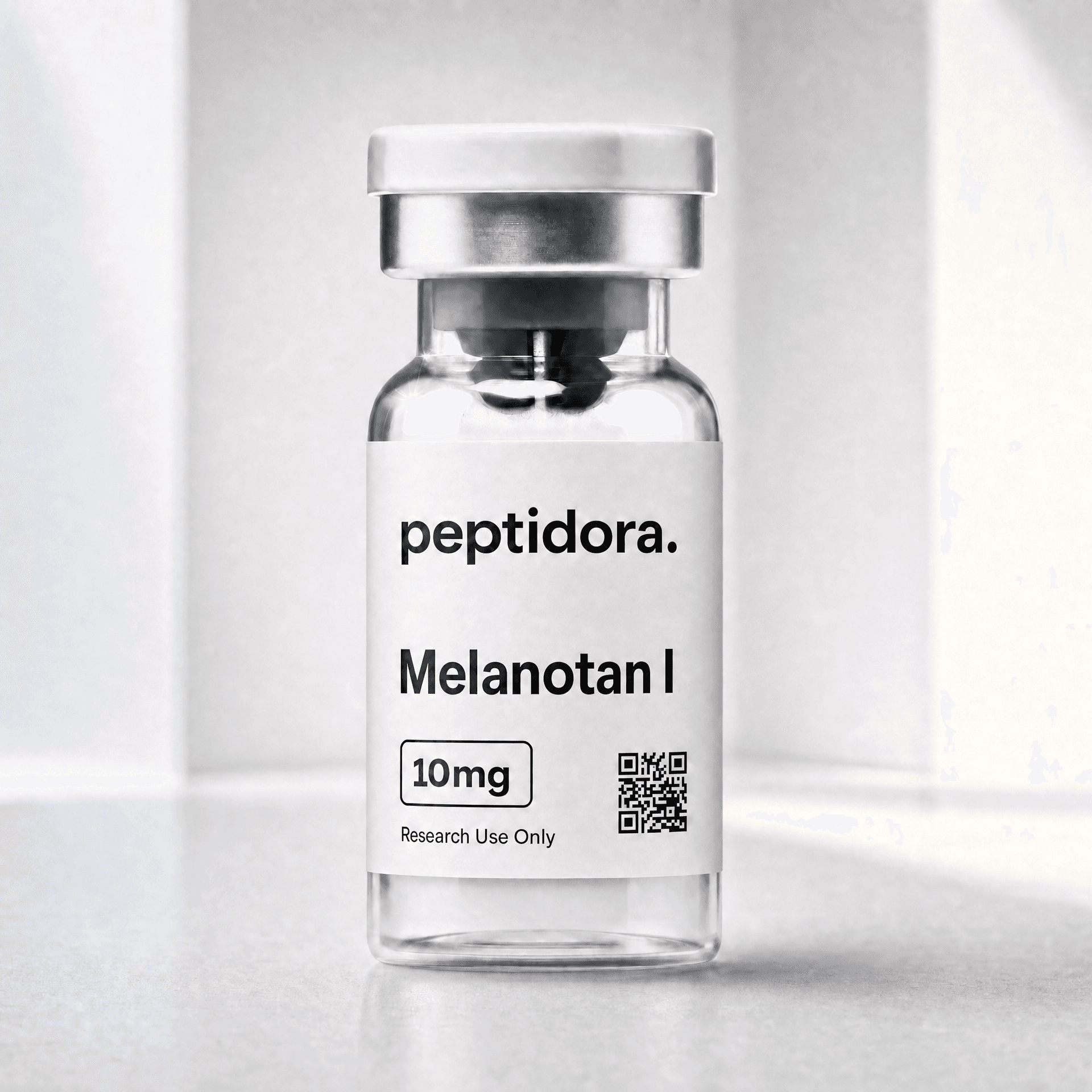 Melanotan I, 10 mg. Fotografía original del vial PEPTIDORA.