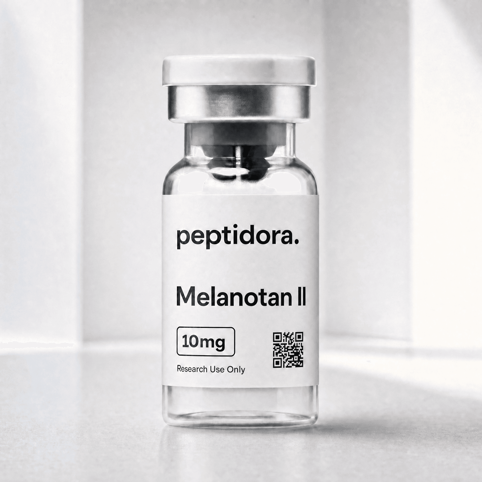 Melanotan II, 10 mg. Fotografía original del vial PEPTIDORA.