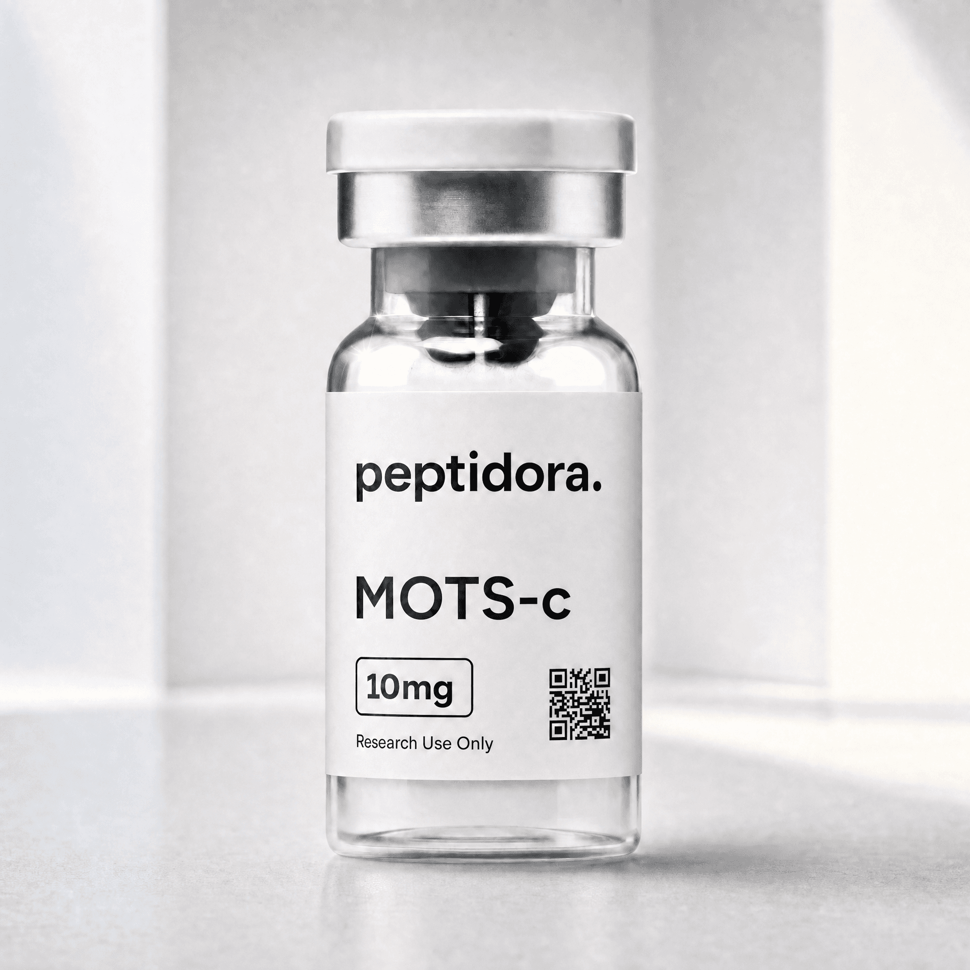 MOTS-c, 10 mg. Fotografía original del vial PEPTIDORA.