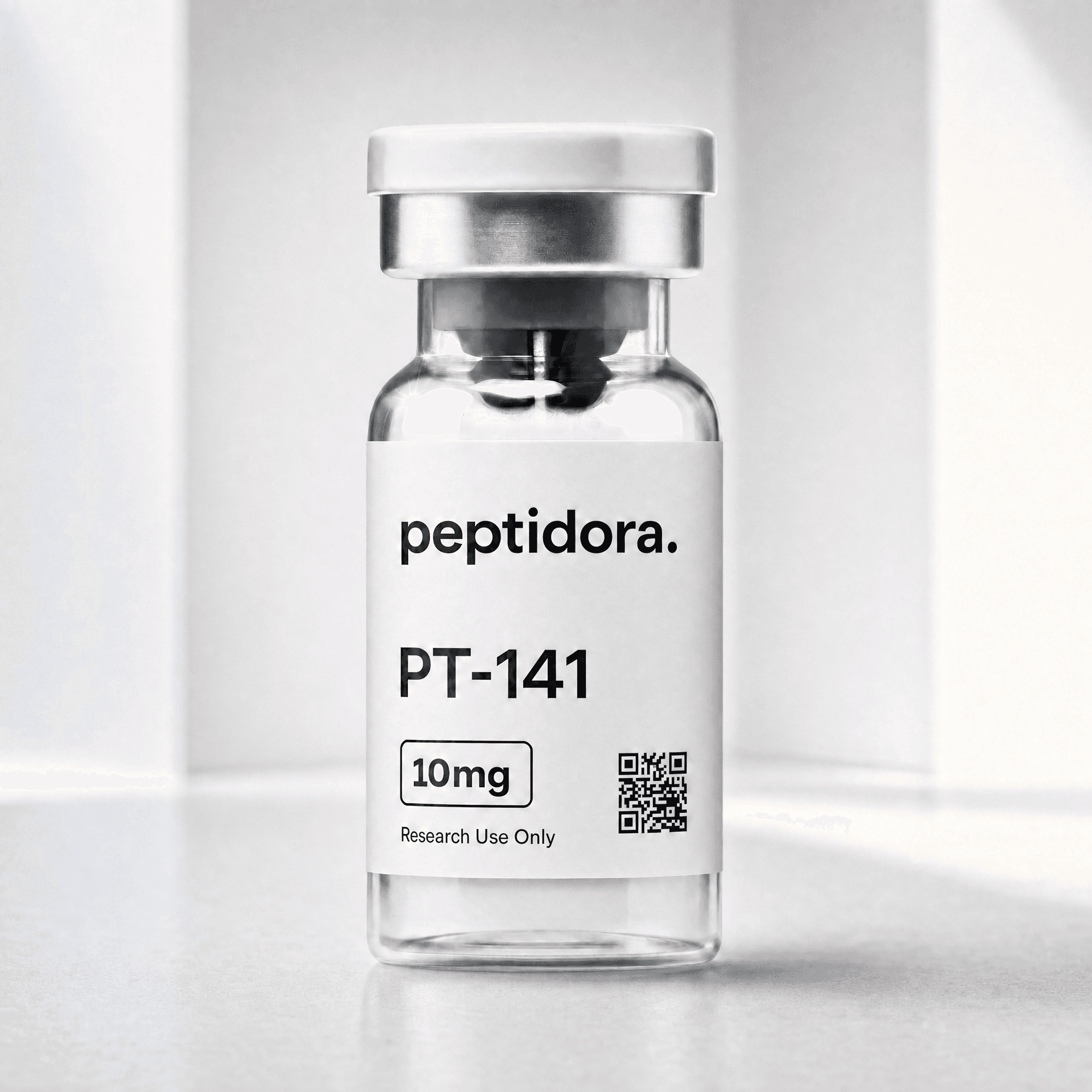 PT-141, 10 mg. Fotografía original del vial PEPTIDORA.