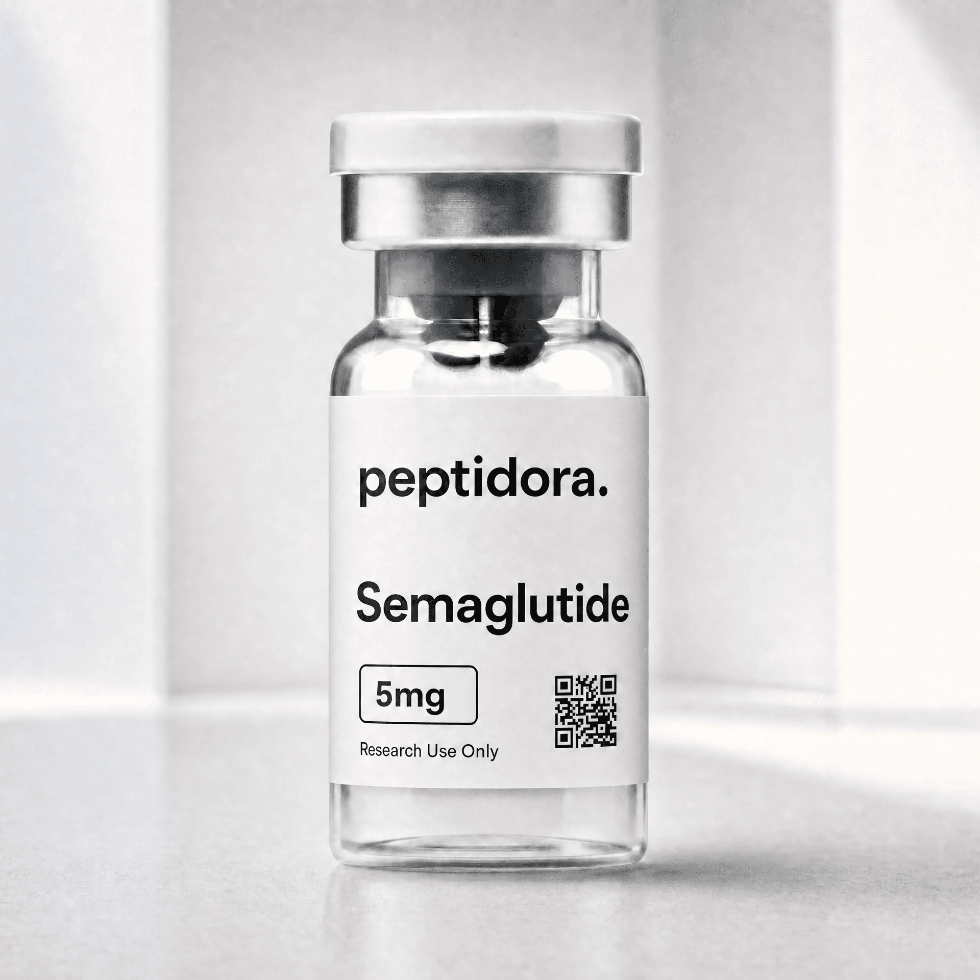 GLP-1 (SEM), 5 mg. Fotografía original del vial PEPTIDORA.