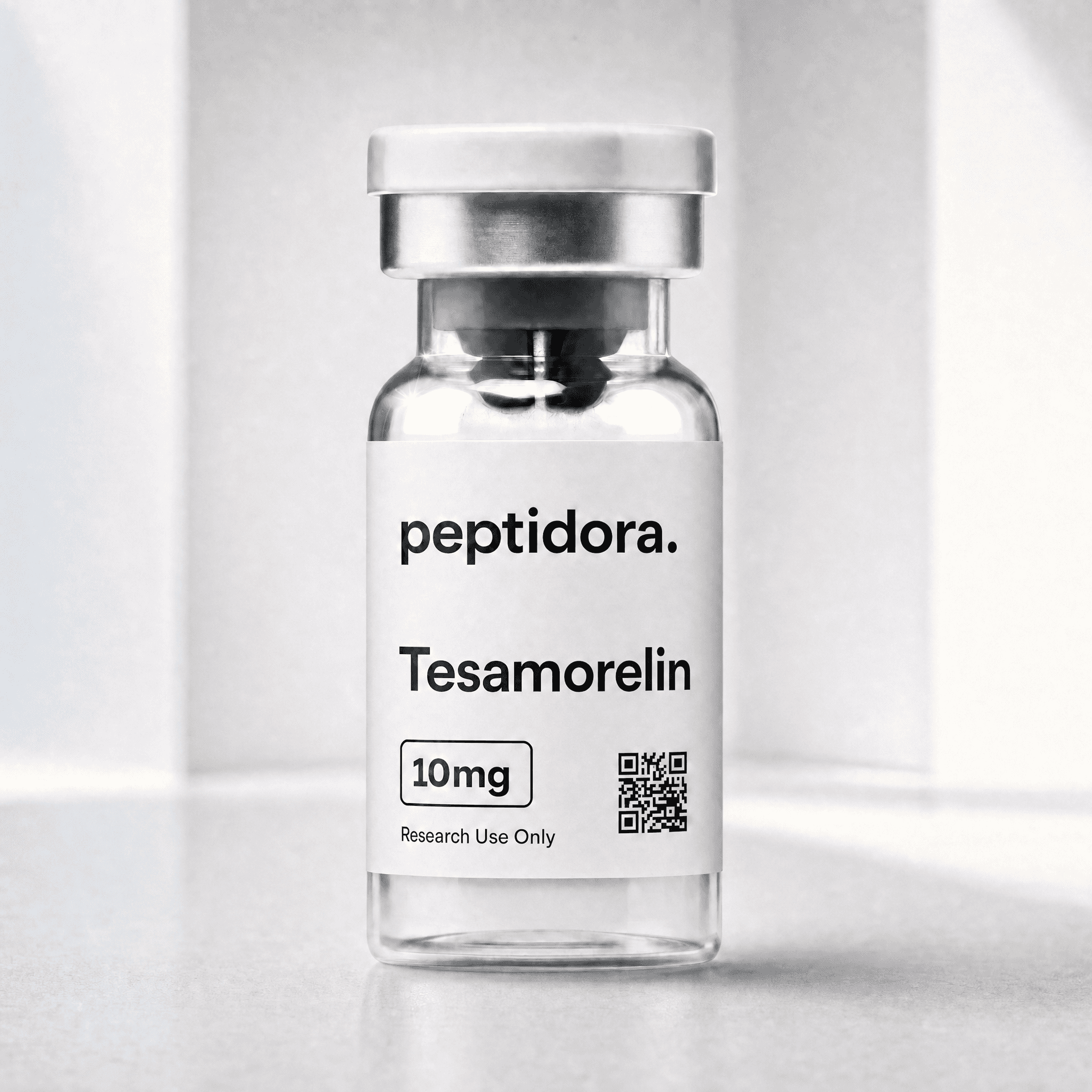 Tesamorelin, 10 mg. Fotografía original del vial PEPTIDORA.