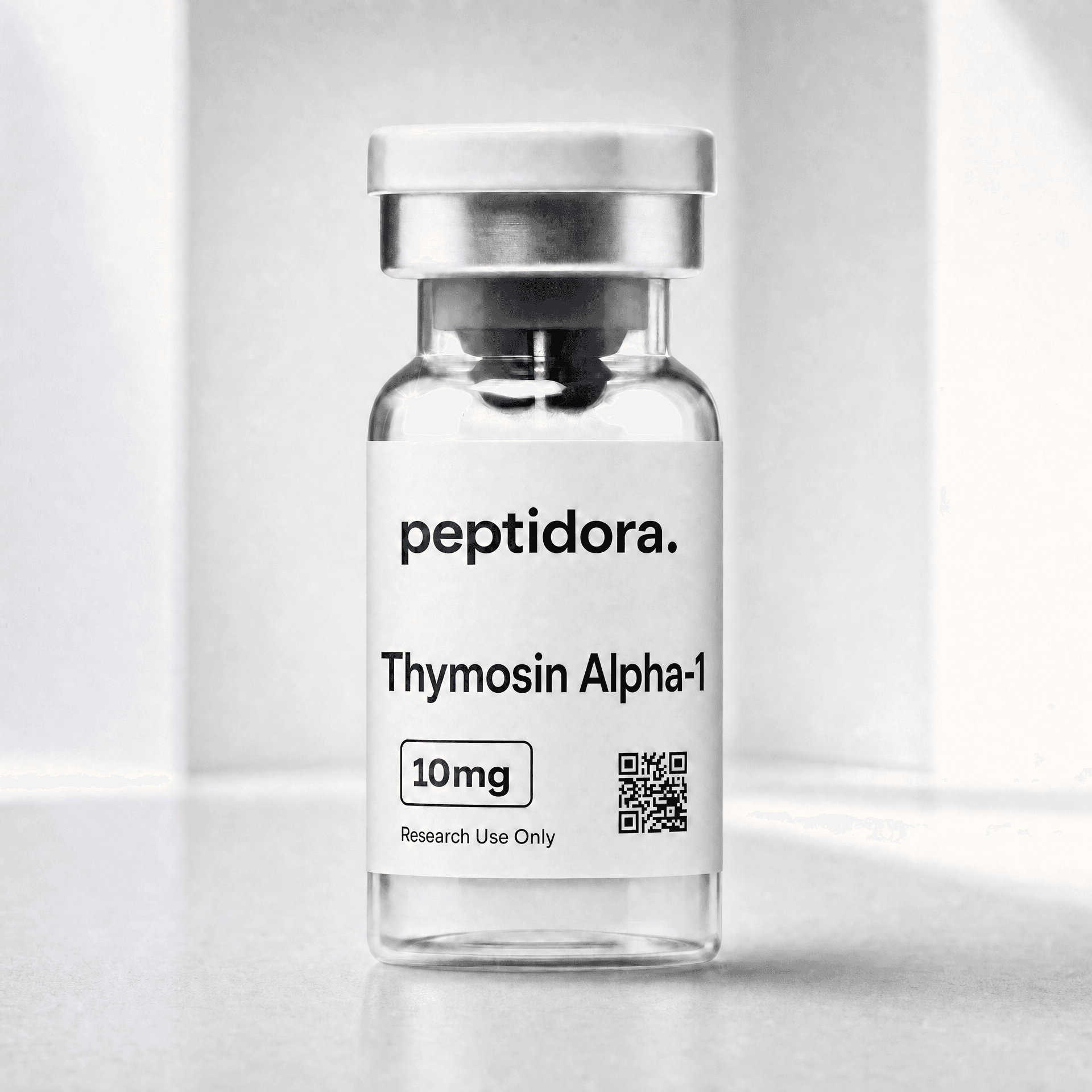 Thymosin Alpha-1, 10 mg. Fotografía original del vial PEPTIDORA.