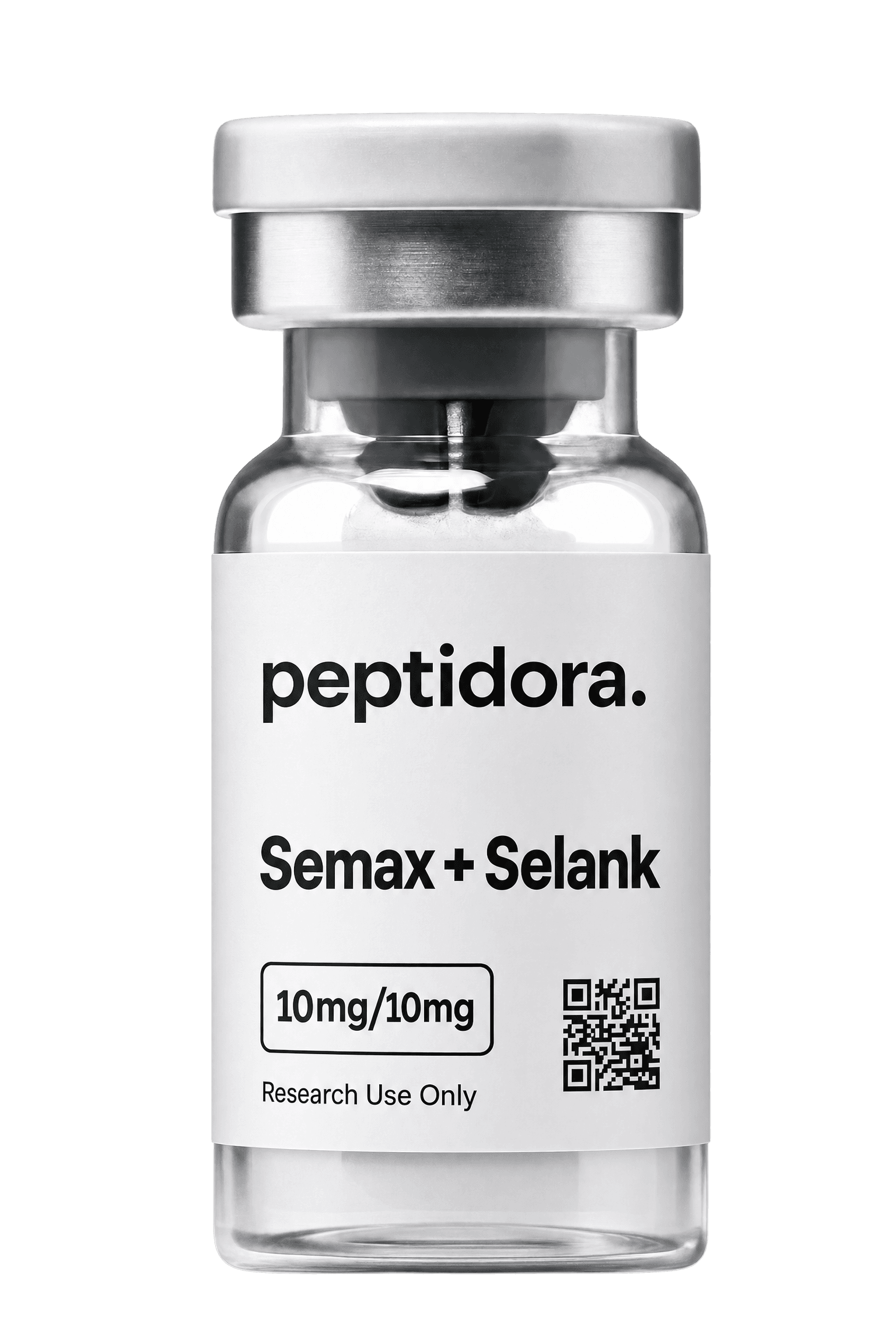 Semax + Selank, 10 mg + 10 mg. Vial PEPTIDORA completo.
