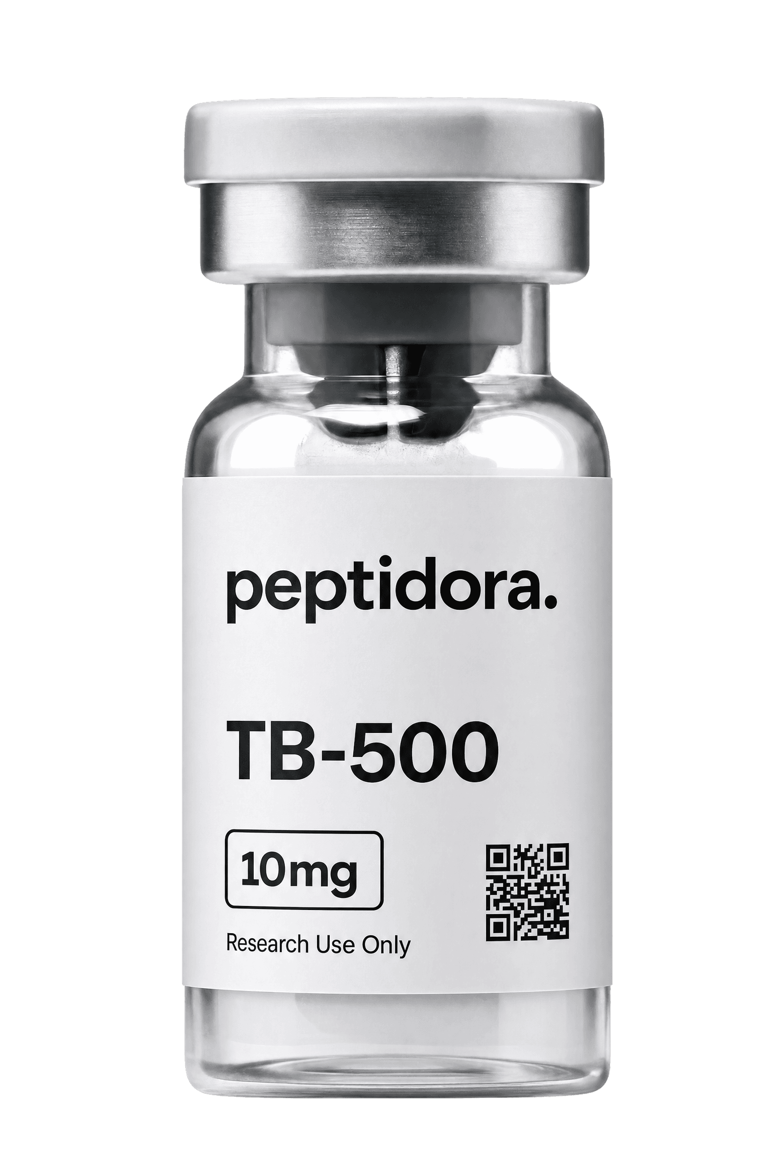 TB-500, 10 mg. Vial PEPTIDORA completo.
