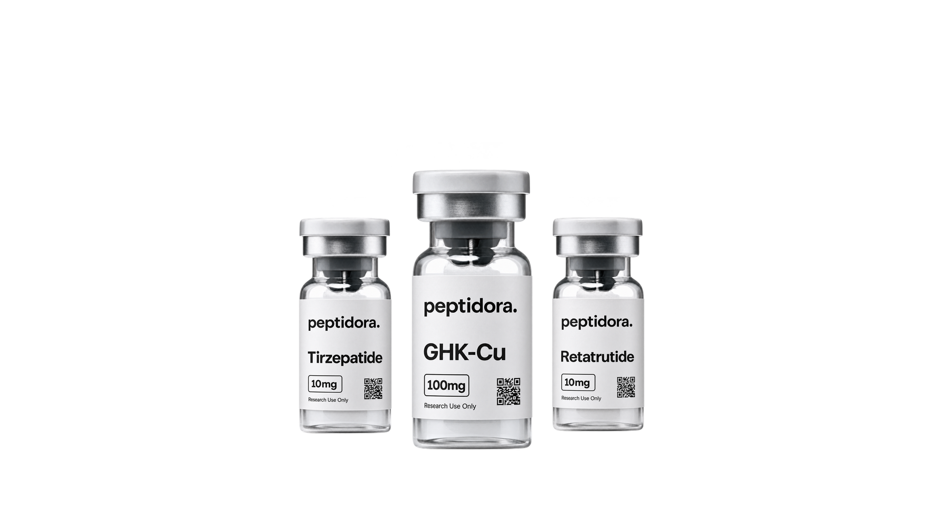 Tirzepatide 10 mg, GHK-Cu 100 mg y Retatrutide 10 mg de PEPTIDORA.