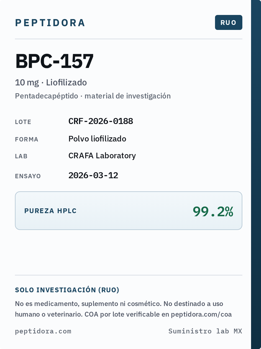 Etiqueta Peptidora BPC-157 · RUO · lote y pureza HPLC