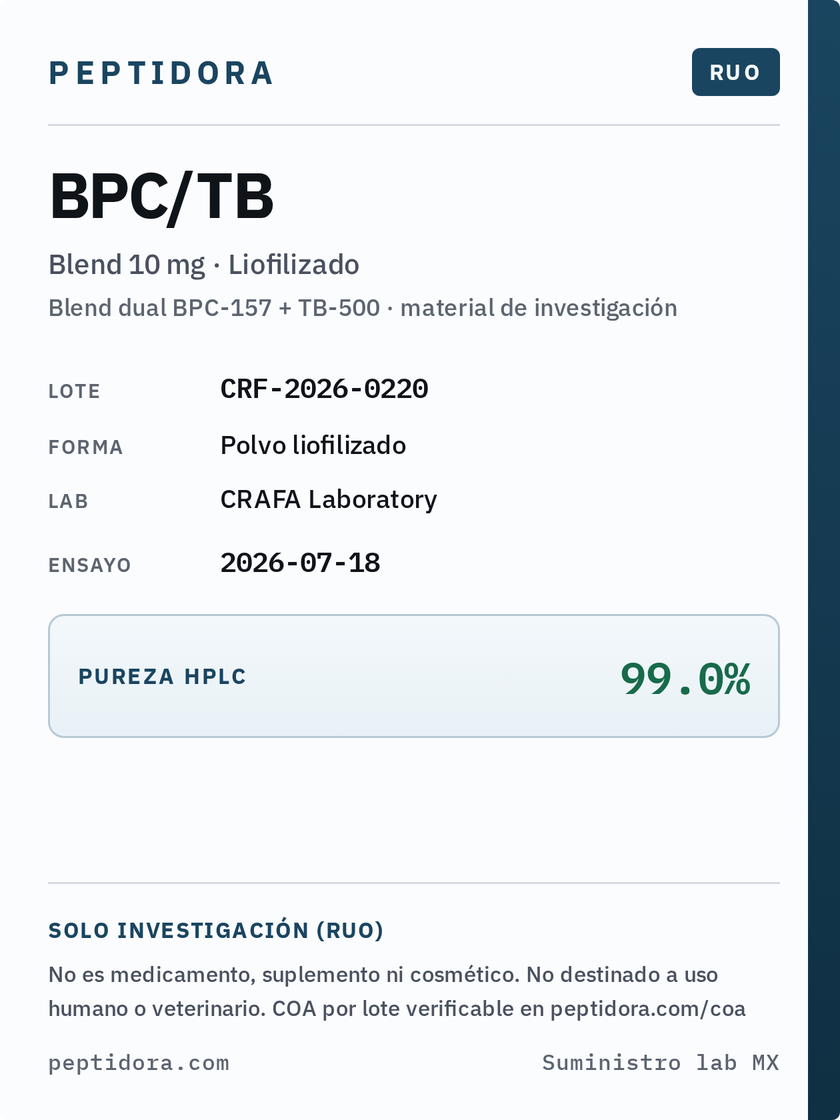 Etiqueta Peptidora BPC/TB Blend · RUO · lote y pureza HPLC