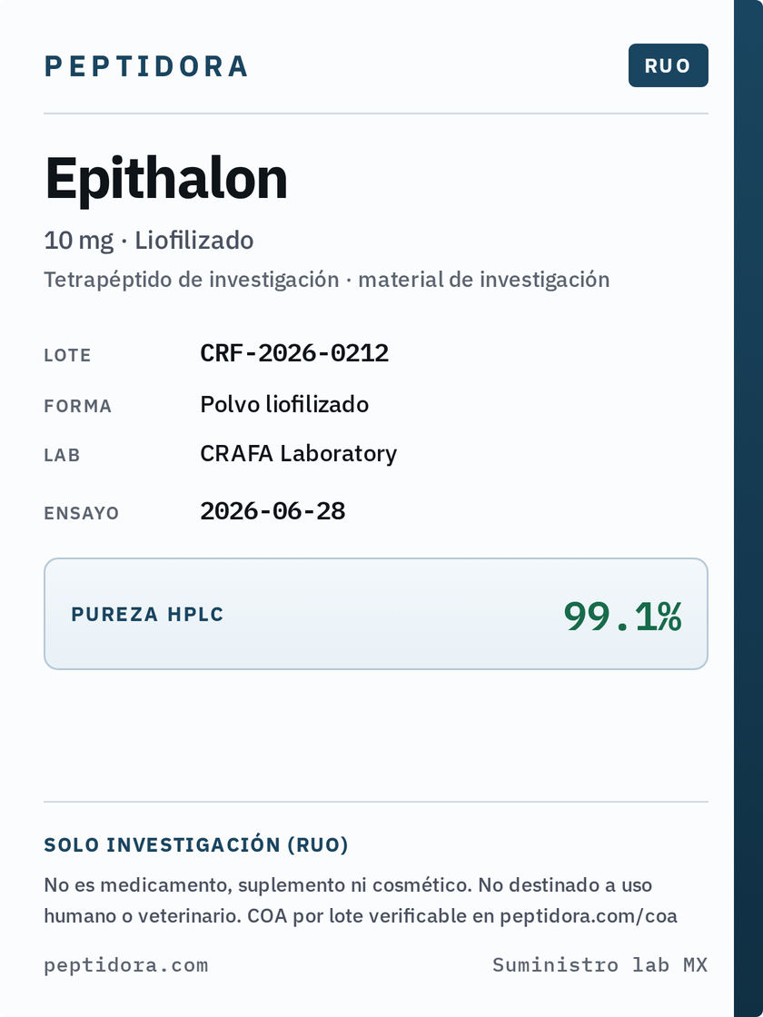 Etiqueta Peptidora Epithalon · RUO · lote y pureza HPLC
