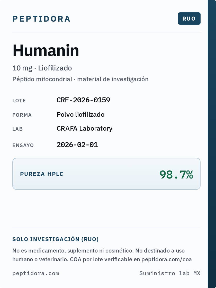 Etiqueta Peptidora Humanin · RUO · lote y pureza HPLC