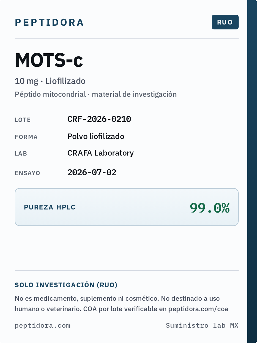 Etiqueta Peptidora MOTS-c · RUO · lote y pureza HPLC