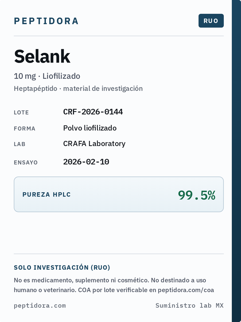Etiqueta Peptidora Selank · RUO · lote y pureza HPLC