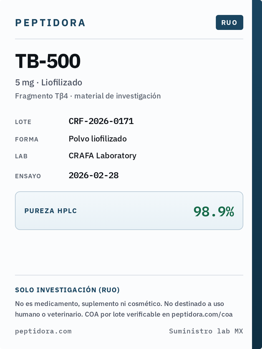 Etiqueta Peptidora TB-500 · RUO · lote y pureza HPLC